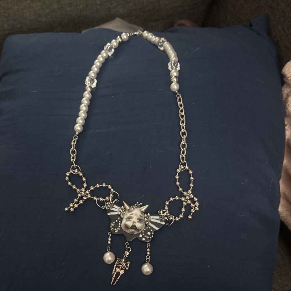 NIB Goth Adjustable Silver and White Beaded Necklace with Pendant